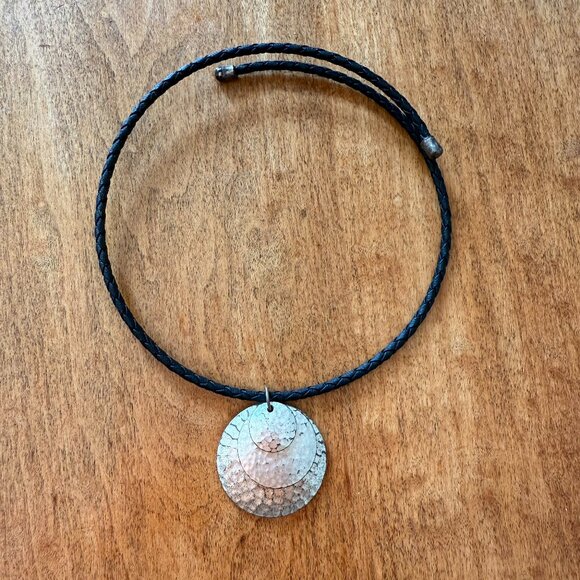 Black Choker with Hammered Silver Circles Necklace - Picture 1 of 5